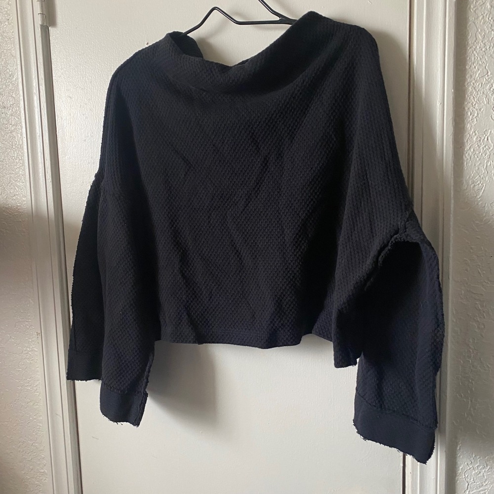 We The Free Free People Black Waffle Knit Cropped Split Back bell sleeve sweater - Picture 2 of 7